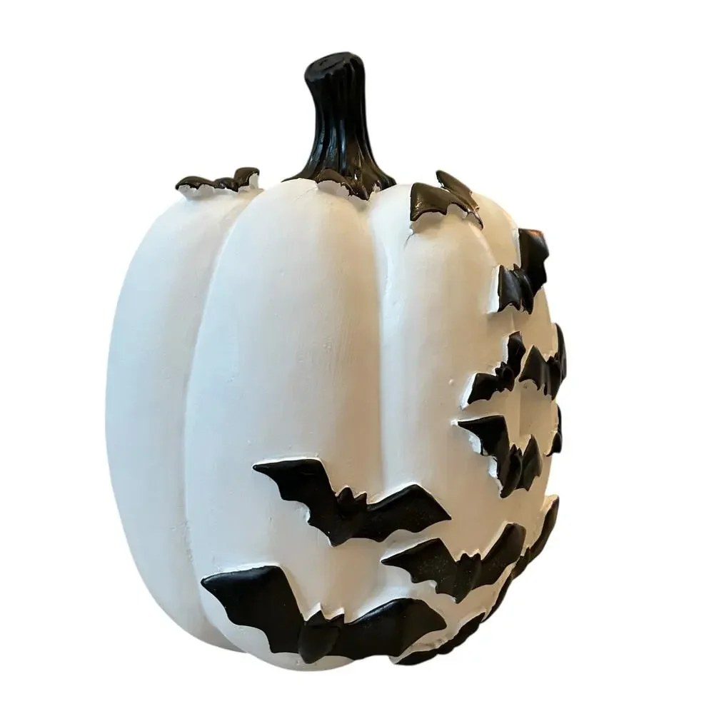 Black Flying Bats White Resin Pumpkin 12in Hauntingly Chic Halloween Decor NEW